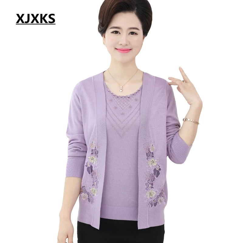 2017 Womens Fall Fashion Women Cardigans Middle-aged Women's Autumn Sweater Two Pieces Female Loose Large Size Coat Jacket |