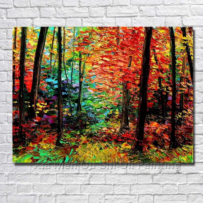 

Free Shipping 100% Hand-made Modern High Quality Red Tree Landscape Wall Decor Oil Painting on Canvas Abstract for Living Room