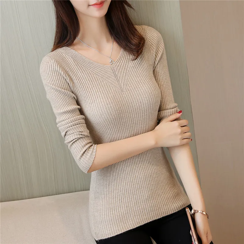 2021 OHCLOTHING Winter 22 NEW WOMENS stretch slim knit sweater V collar shirt F1927 head | Женская одежда