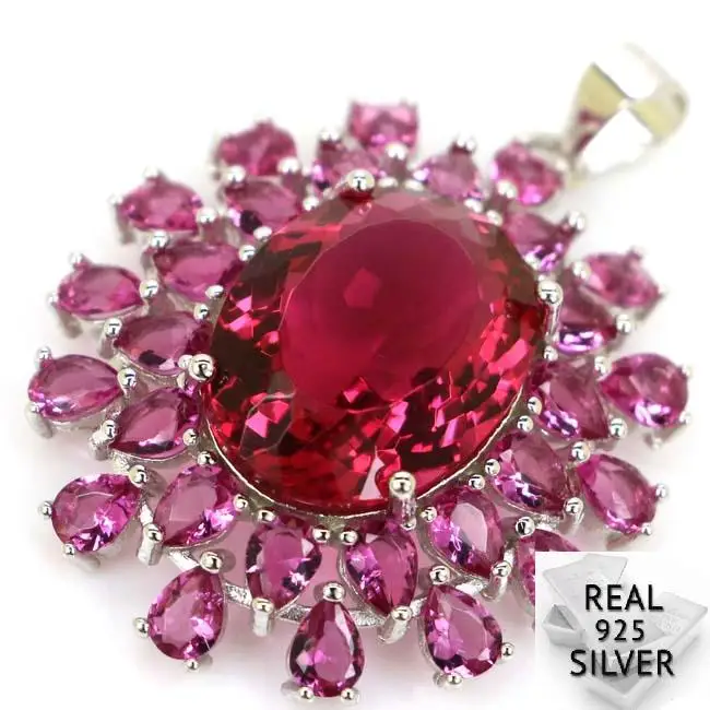 

5.0g Classic Pink Tourmaline CZ Woman's Wedding 925 Solid Sterling Silver Pendant 36x26mm