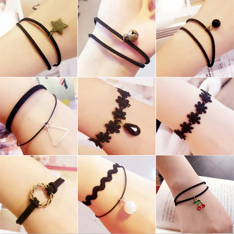 Женский Многослойный кожаный браслет черный кружевной золотой серебряный