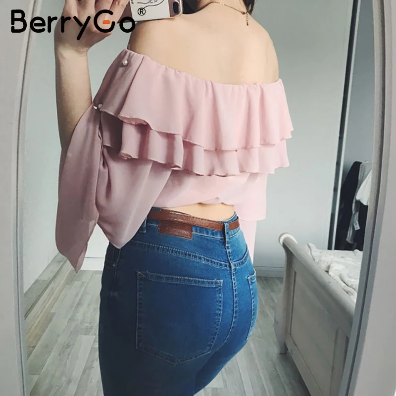BerryGo блузка с рюшами рубашка женская жемчужная длинным рукавом обрезанная летняя