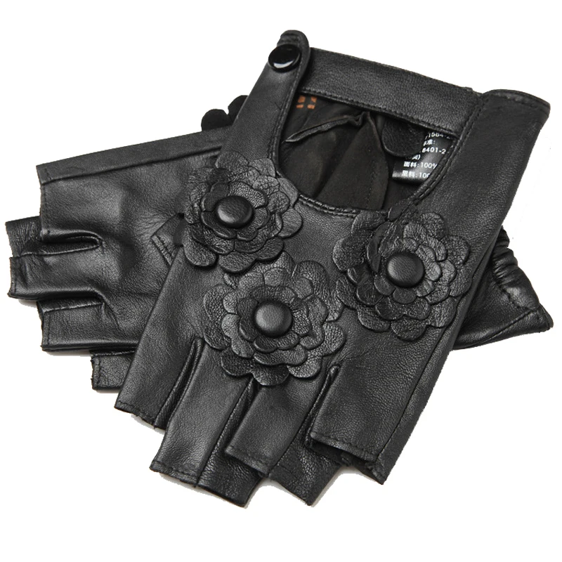New Female 100% Pure Real Leahter Flower Thin Half Finger Cool Gloves Women Driving Riding Semi-Finger Sports Fitness Luvas | Аксессуары