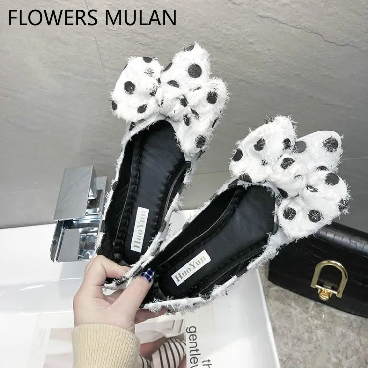 Cute Dot Black White Pink Suede Women Flats Pointed Toe Soft Massage Rubber Heels Shoes Chic Bowtie Slip On Zapatos Mujer | Обувь
