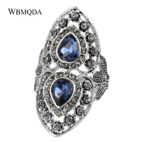 fashion big hollow double heart love ring blue stone crystal flower silver color rings for women vintage wedding jewelry