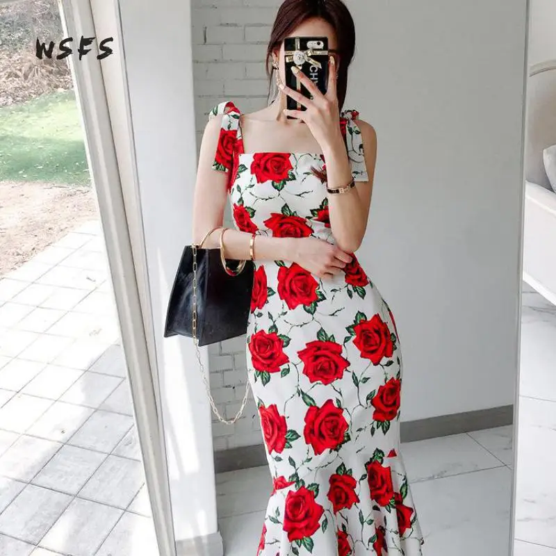 Summer Red Floral Print Dresses White Spaghetti Strap Women Dress Sexy Party Bodycon Bandage Midi Mermaid Vestidos Mujer | Женская