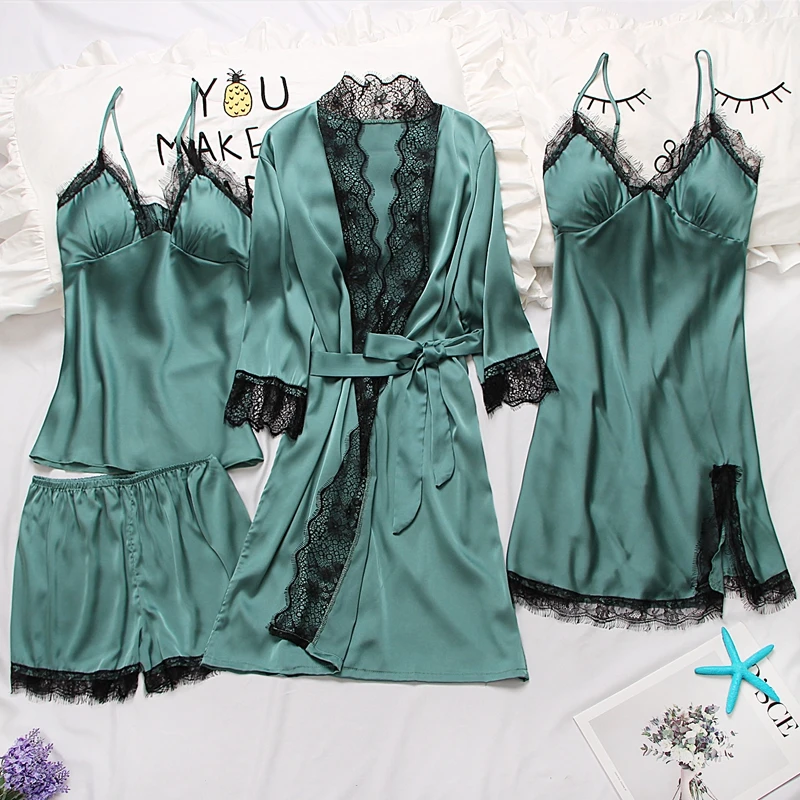 

Women's Sexy Robe & Gown Sets Lace Bathrobe + Night Dress 4 Four Pieces Sleepwear Womens Sleep Set Faux Silk Robe Femme Lingerie