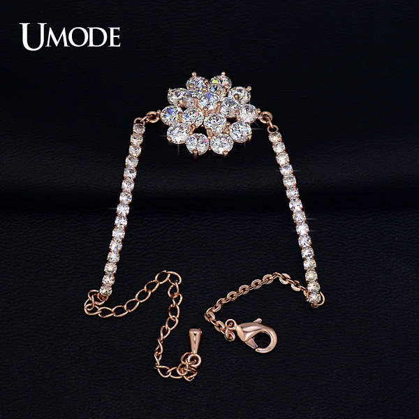 Umode цепь стразами чашки и 16 шт. сверкающие кубического циркония цветок браслет 18 К роуз позолоченные ювелирные изделия для женщин UB0040A