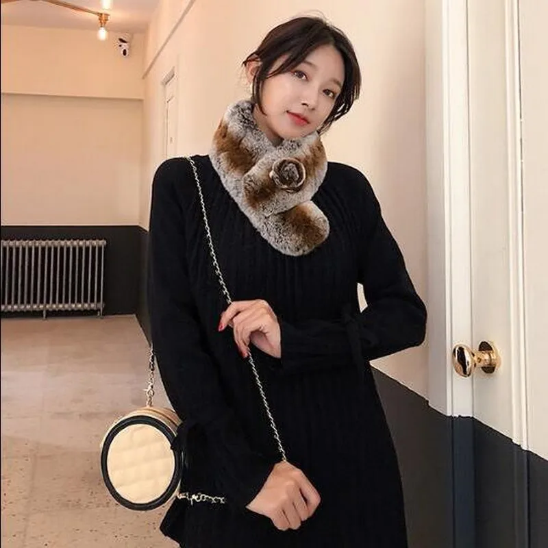 Glaforny 2019 New Style 100% Real Rex Rabbit Fur Scarf with Flower Super Warm Winter Mufflers High Quality Chinchilla Rings |