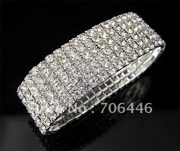 

Бесплатная доставка, посеребрение, 6 рядов, Прозрачный Стразы, стрейч браслет/браслет