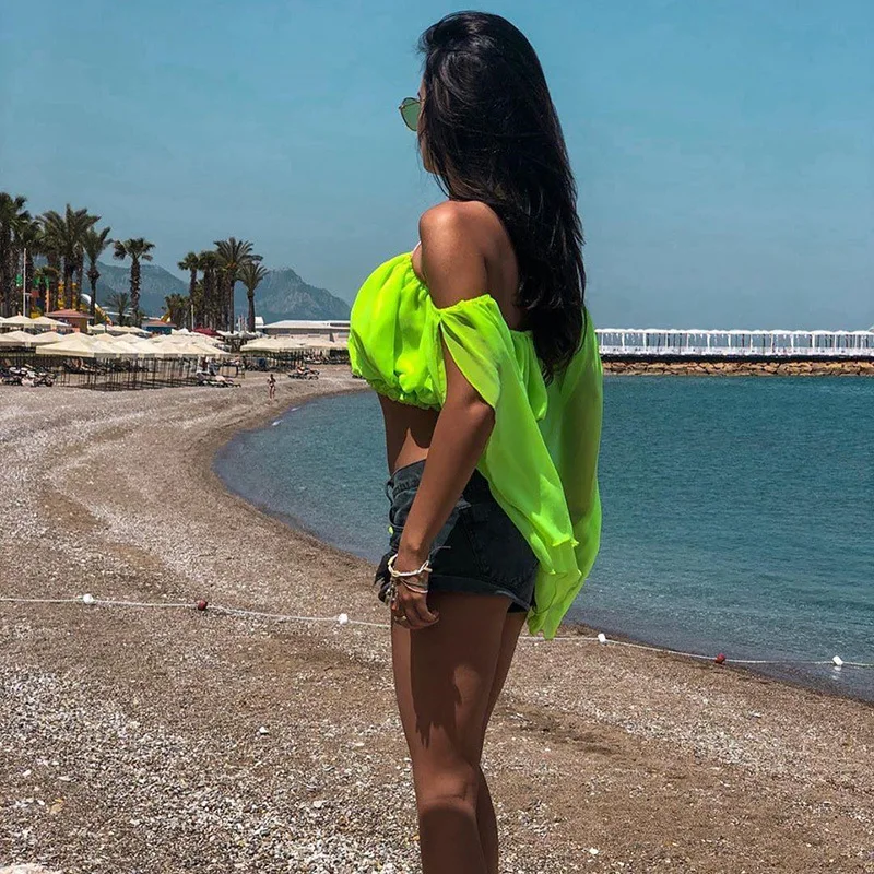 Ursohot шифоновая блузка с открытыми плечами и длинным рукавом рубашки для женщин
