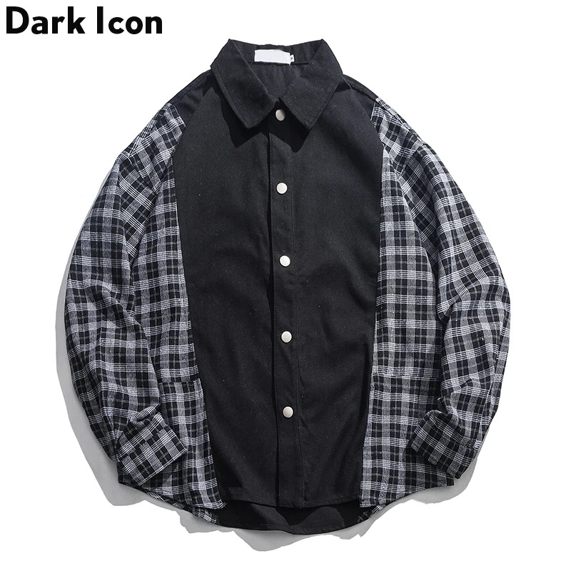 Темные значки клетчатые Лоскутные рубашки с длинным рукавом мужские Ретро