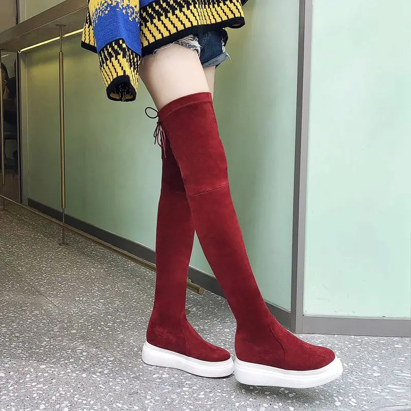 red kid suede Krazing pot/ г. Детские замшевые сапоги из флока на танкетке и высоком каблуке, водонепроницаемые высокие сапоги в консервативном стиле на тонкую ногу, эластичные ботфорты L11 - Цвет: red kid suede