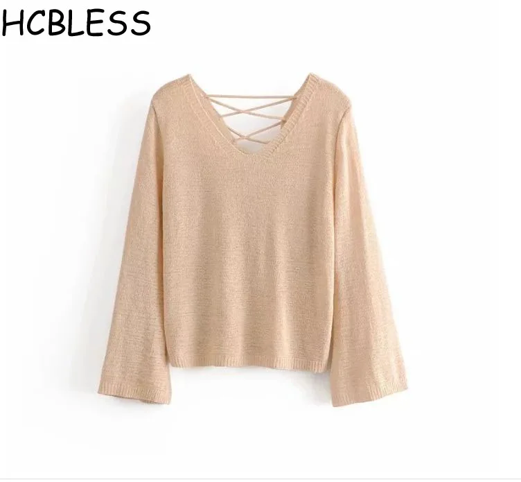 HCBLESS Women sweater 2018 Autumn New front and rear V-neck tie rope thin versatile casual top | Женская одежда