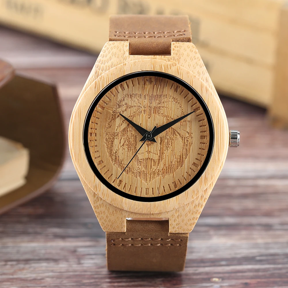 

Бамбуковые деревянные наручные часы для мужчин женщин мужчин кварцевые часы с браслетом голова льва тема резьба креативные часы Аналоговы...