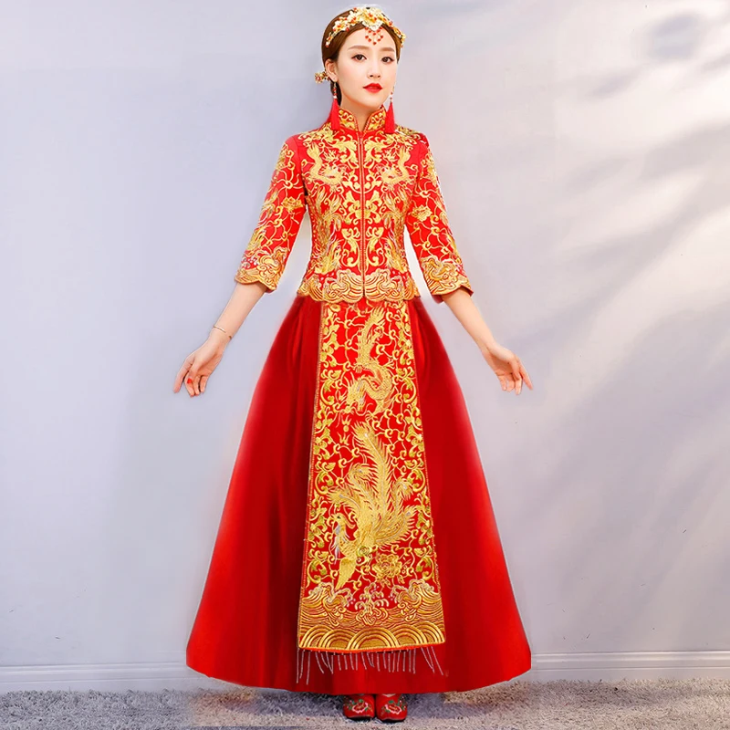 

Красное традиционное шоу невесты вышивка cheongsam женатые костюмы китайский стиль свадебное торжественное платье женское заграничное китайс...