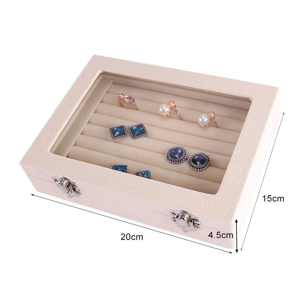 

Jewelry Box 8 Booths Velvet Carrying Case with Glass Cover Jewelry Ring Display Box Tray Holder Earrings Storage Box Organizer
