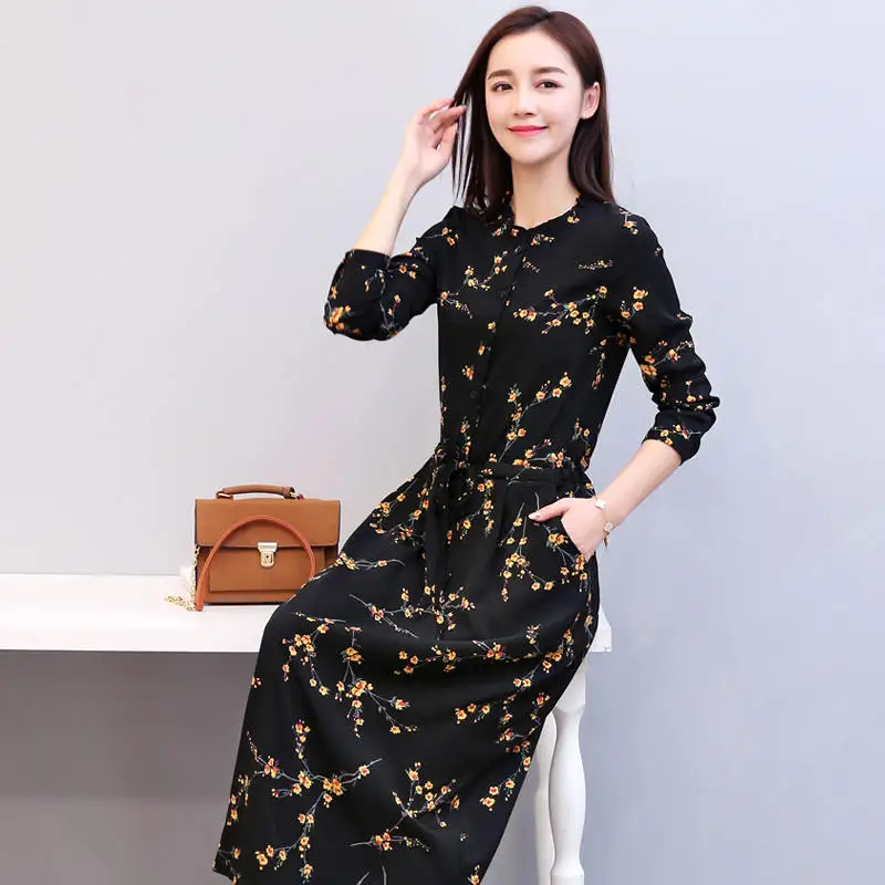 Женское шифоновое платье Vestidos осенне-зимнее с длинным рукавом и цветочным