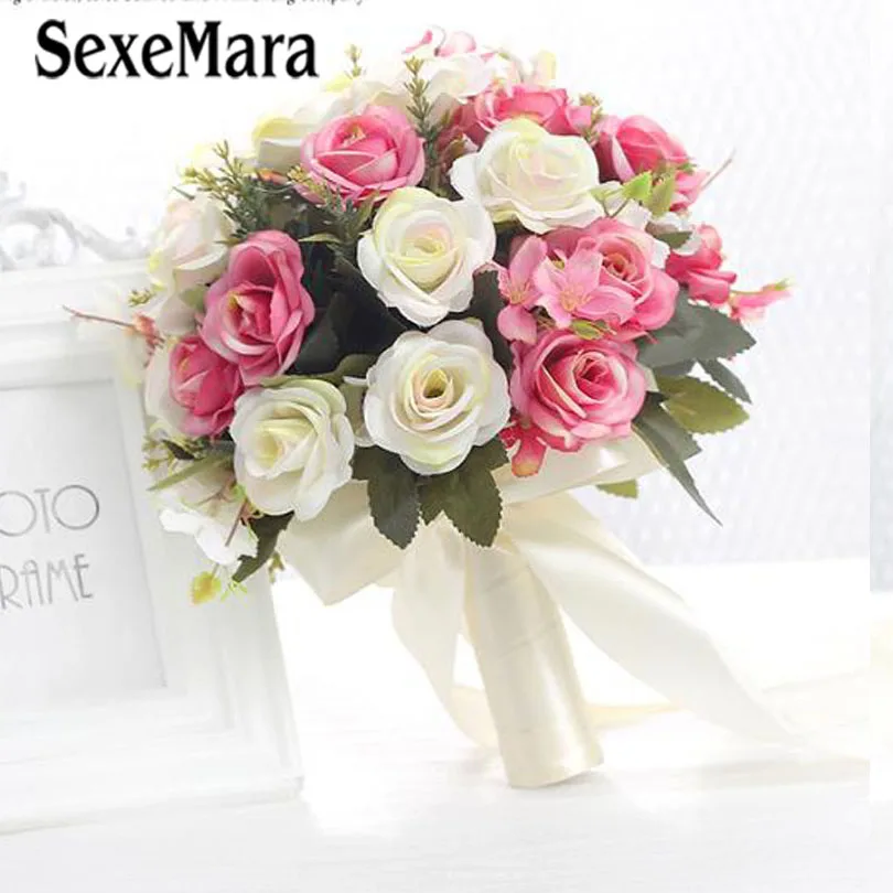 Свадебный Шелковый цветочный букет SexeMara розовых и цветов цвета слоновой