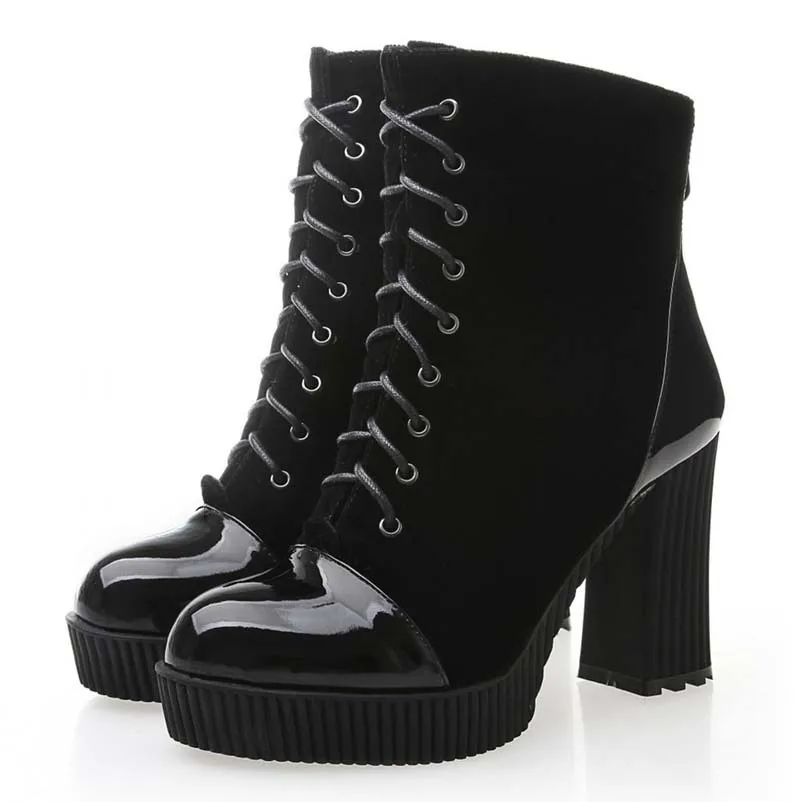 Круглый Носок Квадратный каблук pu + Стадо ботильоны для дамской одежды Высокие