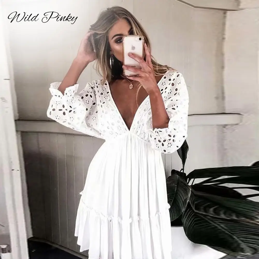 

WildPinky Elegant V neck Embroidery Women Dress Ruffle Pleated Lace Up Summer Dresses Casual Sexy Hollow Out Dress Vestido Festa
