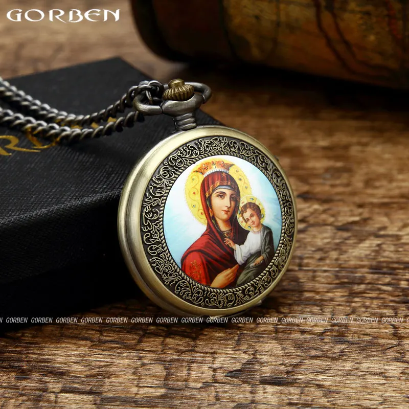 Женские и мужские карманные часы в стиле ретро с надписью Blessed Virgin Mary Embrace Child Jesus
