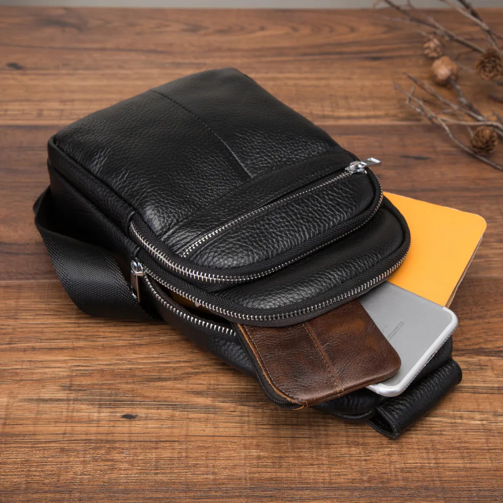 

Men Original Leather Casual Fashion Chest Sling Bag 8" Tablet Umbrella Black Design One Shoulder Daypack Crossbody Bag Male 166