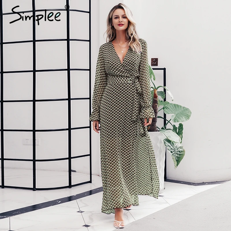 Simplee Bohemian print long women dress V neck plus size geometric female dresses Autumn sashes ladies luxury ukraine vestidos | Женская