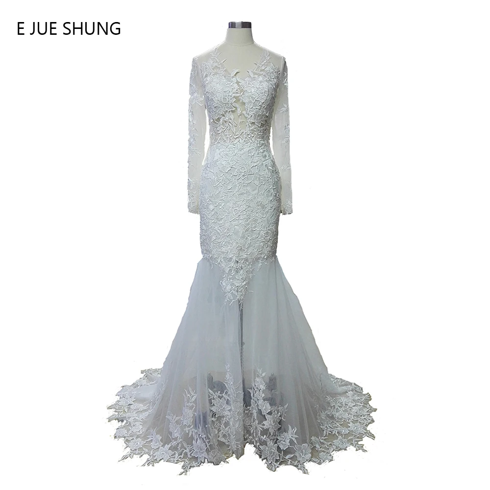 

E JUE SHUNG White Lace Appliques Long Sleeves Mermaid Wedding Dresses Sheer Back Wedding Gowns vestido de noiva robe de marriage