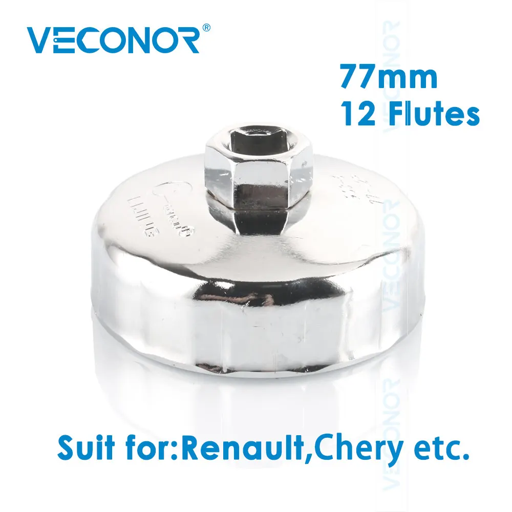 Veconor 1/2" Square Dr. Steel 77mm Oil Filter Wrench Cap Housing Tool Remover 12 Flutes 903-6 Universal For Renault Chery