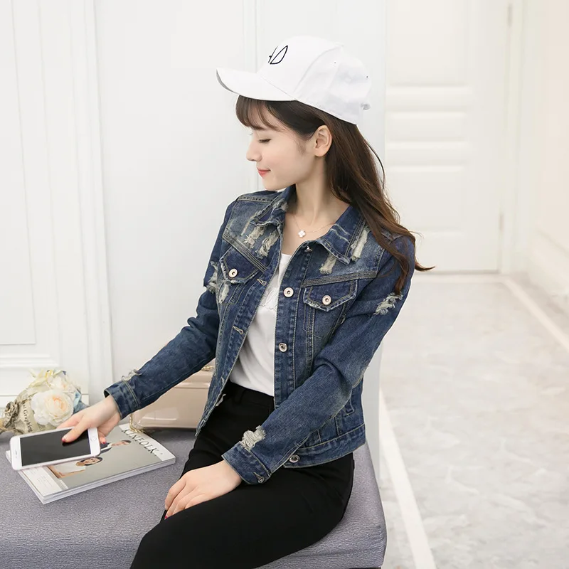 2017 осенние женские куртки Модная Джинсовая куртка с дырками длинными рукавами