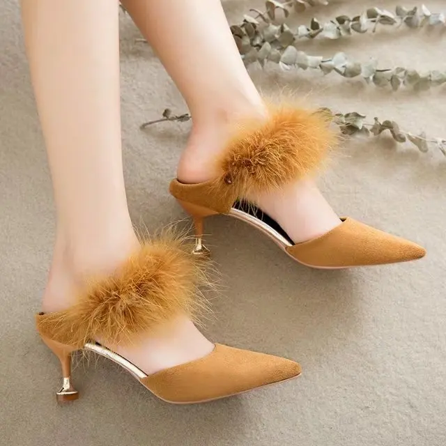 Высококачественные модные женские туфли лодочки с перьями страуса шлепанцы на