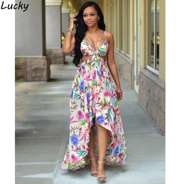 Stylish Sexy Sleeveless Floral Print Long Dress Cut Out Backless Maxi Party Spaghetti Strap Irregular Hem Vestidos S-XL U2 | Женская