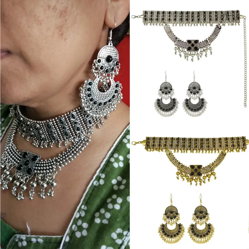 Турецкий этнический бисерный висячий Jhumka, индийские большие серьги, колье, ожерелье для женщин, воротник, Египетский, цыганский, Африканский, племенной комплект ювелирных изделий