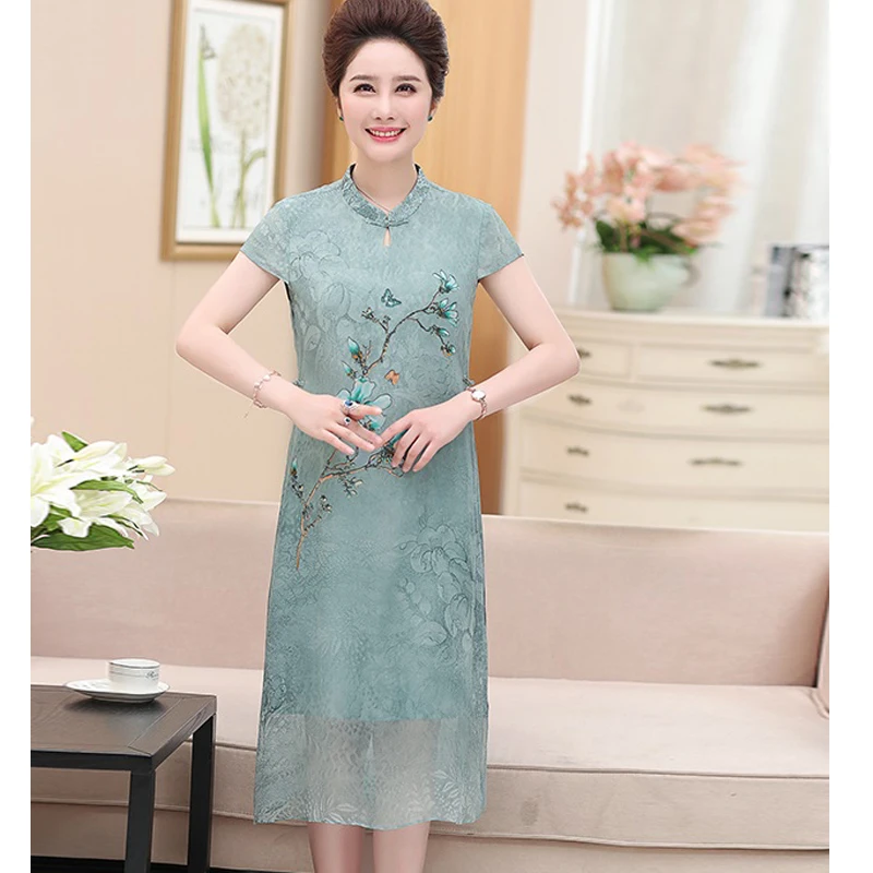 Женское платье Летнее Длинное Cheongsam модное элегантное свободное шифоновое выше