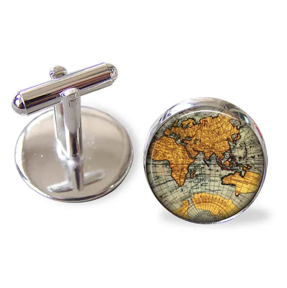Новая мода 1 пара мужские запонки винтажные антикварные 2017 карта мира дизайн
