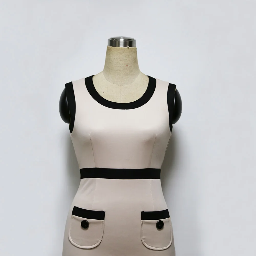 

Summer Women Casual dress Round neck Stitching pocket Sexy dress Elegant Office Knee Sleeveless Package hip Femal Bodycon dress