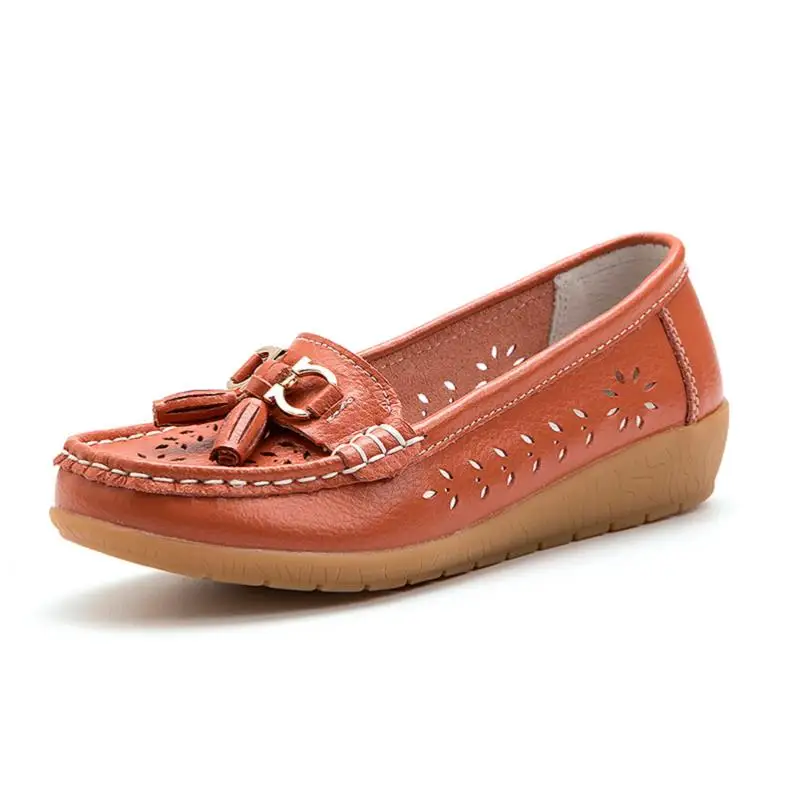 AURONET Soft Leather Hollow Women Ballet Flats Shoes Slip On Loafers Women'S Moccasins Boat Shoes Large Size Spor Ayakkabi Bayan - Color: Orange