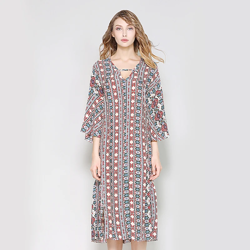 Hanyiren Side Split Loose Vintage Print Summer Dress Bohemian Beach Dresses V Neck Chiffon Women Sexy Long Maxi | Женская одежда