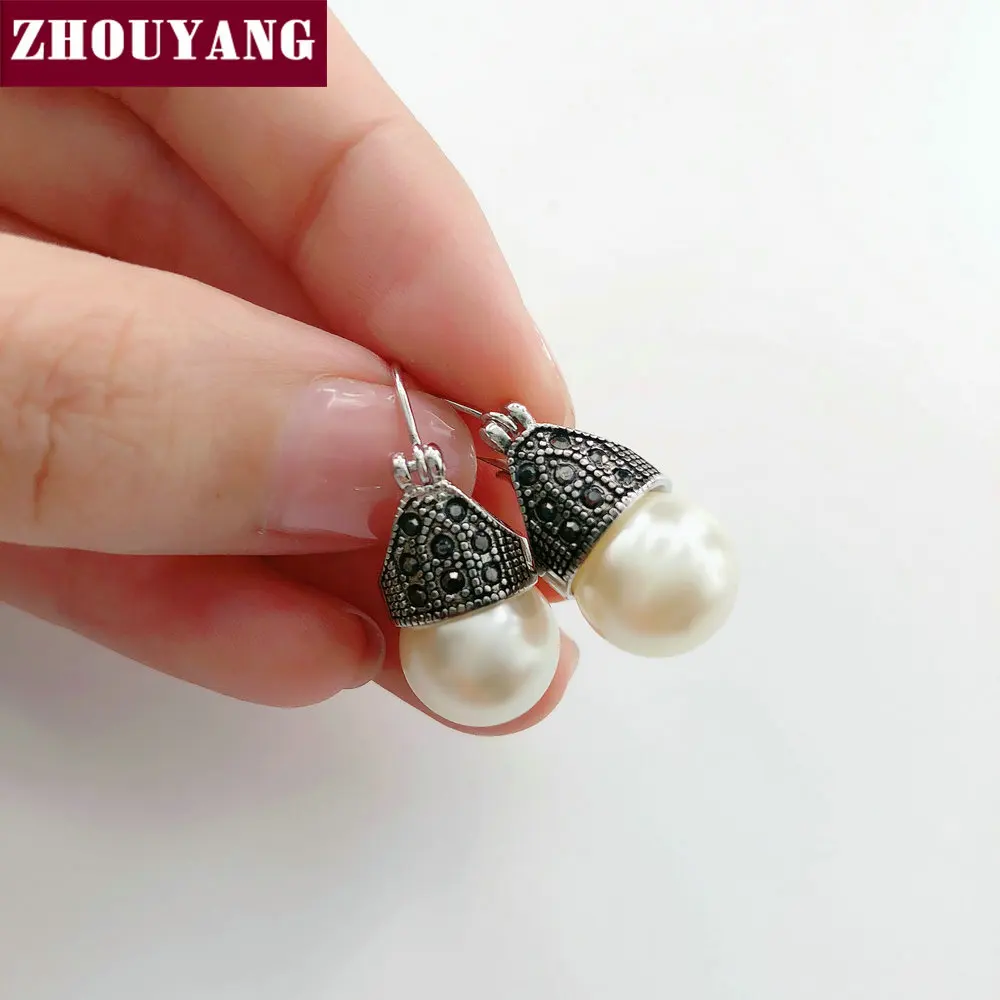 ZHOUYANG серьги-капли для женщин, винтажная имитация жемчуга, черный кристалл, серебряный цвет, модное ювелирное изделие, подарок на свадьбу, E702 E700