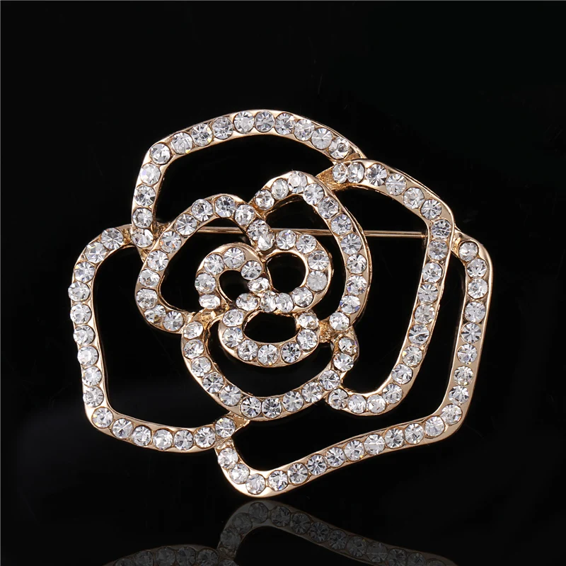 Love Rose Camellia Flower Brooch Pin Rhinestone Crystal Pins and Brooches For Women Corsage Plant Jewelry | Украшения и