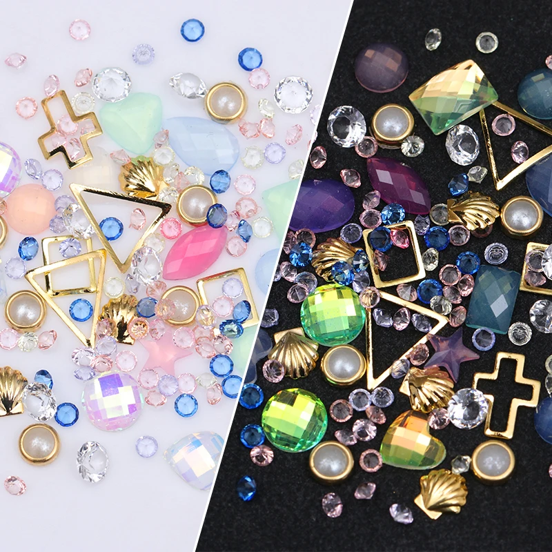 Colorful Mixed Nail Acrylic Rhinestones Flat Bottom Clear Multi-size Alloy Metal Frame Shell Manicure 3D Art DIY Decoration | Красота и