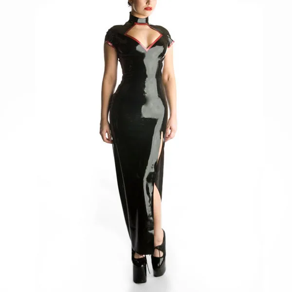 full-length Latex Black dress Tight Rubber evening gown Qipao style skirt | Тематическая одежда и униформа