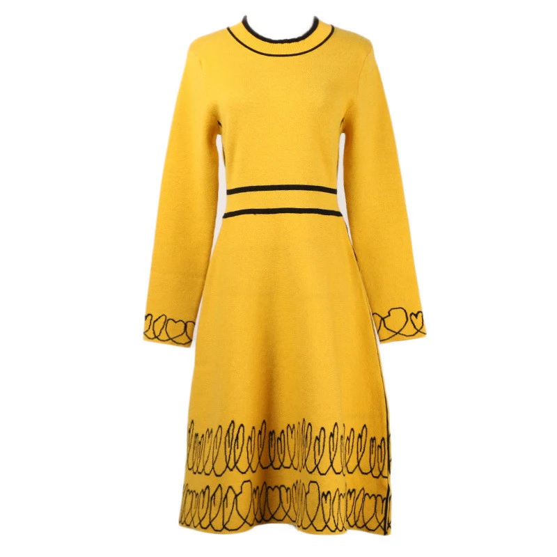 Knitted Winter Dress Women 2018 Long Sleeve Heart Print Yellow Sweater Knee-Length A Line Tunic New Year's Jurken | Женская одежда