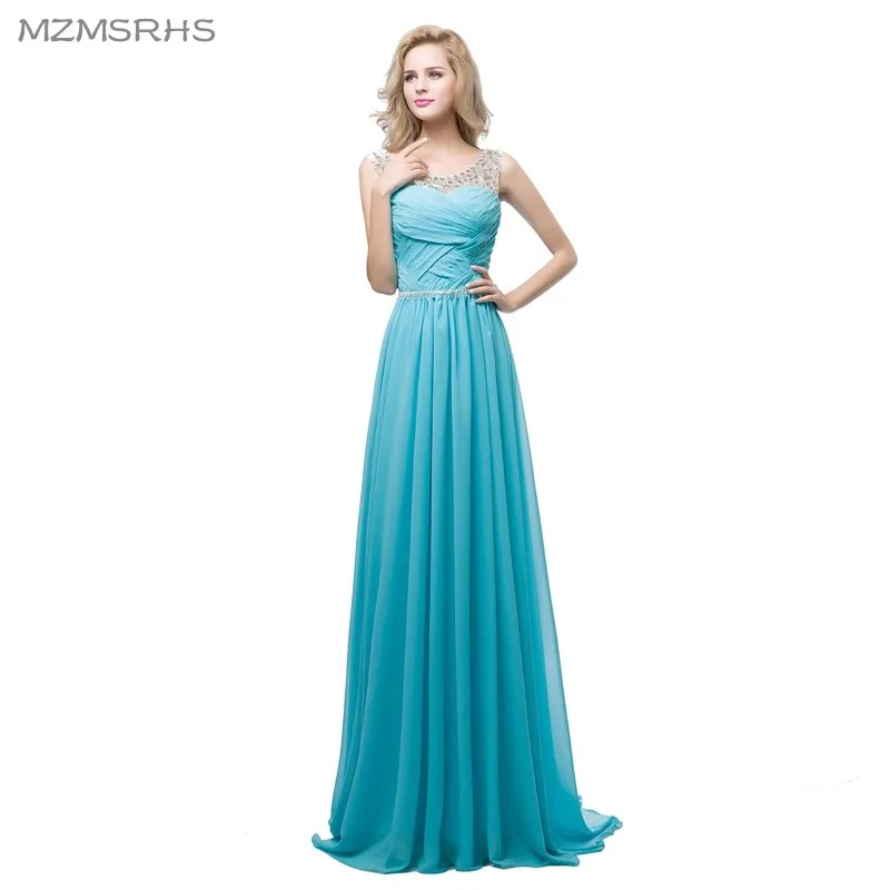 

Elegant Long Blue Pleat Prom Dresses Sexy Sleeveless Scoop Neck Crystal Beaded Prom Gowns Hot Sell Sexy Floor Length Prom Dress