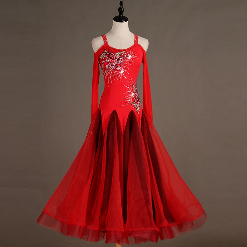 

Modern Ballroom Dance Skirt Ladies Waltz/Tango Dance Red Long Sleeve Big Hem Dress Competition Performance Clothes DQL243