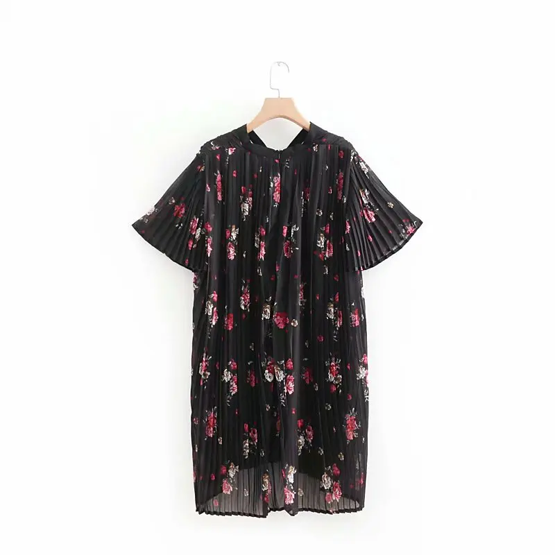 2018 women vintage short sleeve floral print pleated mini dress female bowknot decoration vestidos high street wear DS1148 | Женская