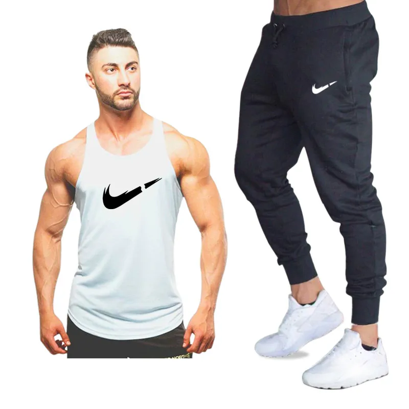 Bodybuilding new vest men's LOGO printing + pants sports tight high elastic brand sportswear summer suit | Мужская одежда