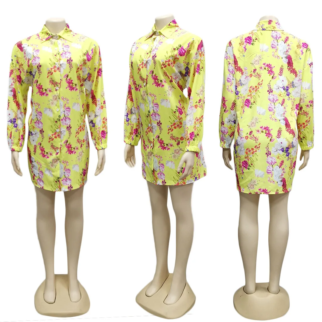 2019 африканская Женская Цветочная печать с длинным рукавом и пуговицами до колен