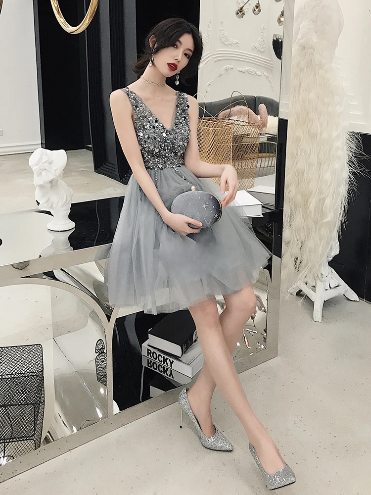 SSYfashion v-образным вырезом без рукавов открытая спина, Тюль блестками выше колена Мини соблазнительное коктейльное платье для особых случаев короткие платья Формальные